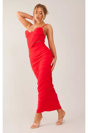 PRETTYLITTLETHING Women Graduation Dresses - Red Mesh Underwired Corset Detail Strappy Midaxi Dress