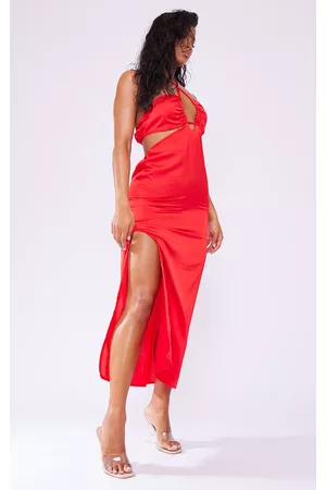 PRETTYLITTLETHING Women Graduation Dresses - Red Satin Strappy Cut Out Midaxi Dress
