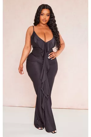 PRETTYLITTLETHING Women Jumpsuits - Plus Black Slinky Ruffle Detail Jumpsuit