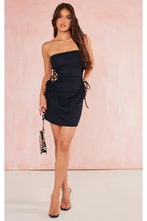 PRETTYLITTLETHING Women Bodycon Dresses - Black Linen Look Bandeau Lace Up Side Bodycon Dress