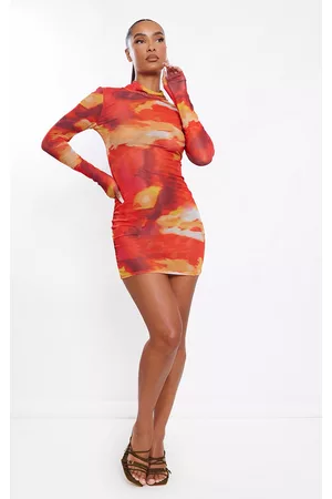 PRETTYLITTLETHING Women Long Sleeve Bodycon Dresses - Red Abstract Printed Mesh Long Sleeve Bodycon Dress
