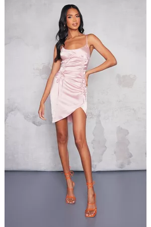 PRETTYLITTLETHING Women Ruched Bodycon Dresses - Rose Satin Underbust Detail Ruched Strappy Bodycon Dress