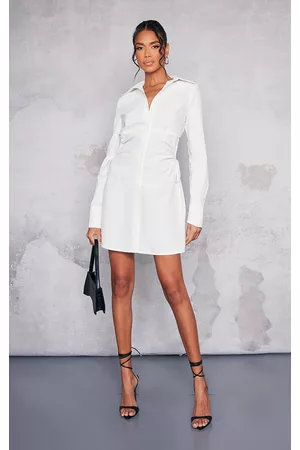 PRETTYLITTLETHING Women Graduation Dresses - White Woven Ruched Cut Out Detail Shirt Dress