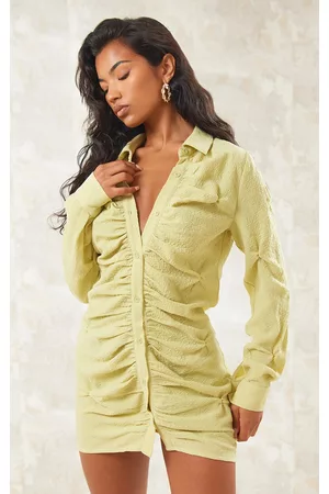 PRETTYLITTLETHING Women Graduation Dresses - Olive Textured Button Up Ruched Shirt Dress