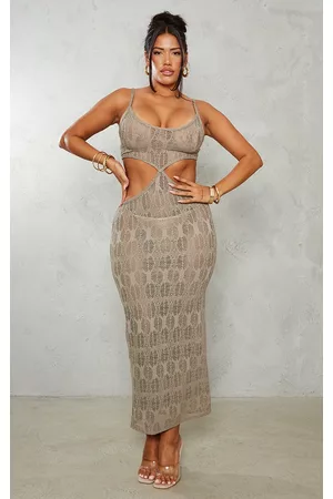 PRETTYLITTLETHING Women Graduation Dresses - Shape Taupe Textured Cut Out Strappy Maxi Dress