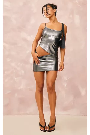 PRETTYLITTLETHING Women Mini Skirts - Silver Grey Metallic Low Rise Micro Mini Skirt