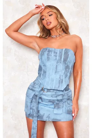 PRETTYLITTLETHING Women Corsets - Blue Washed Twill Cargo Bandeau Corset