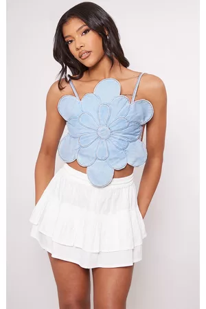 PRETTYLITTLETHING Women Jeans - Light Blue Wash Flower Denim Top