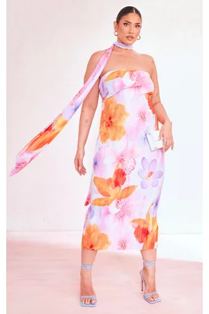 PRETTYLITTLETHING Women Printed & Patterned Dresses - Plus Pink Floral Chocker Plisse Midi Dress
