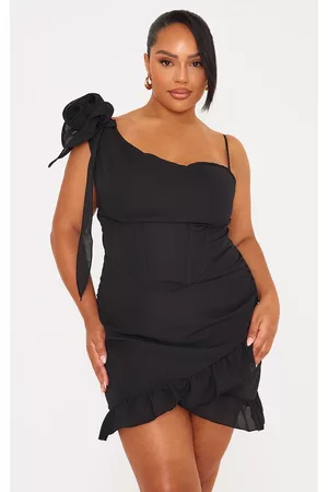 PRETTYLITTLETHING Women Bodycon Dresses - Plus Black Flower Detail Ruffle Hem Bodycon Dress