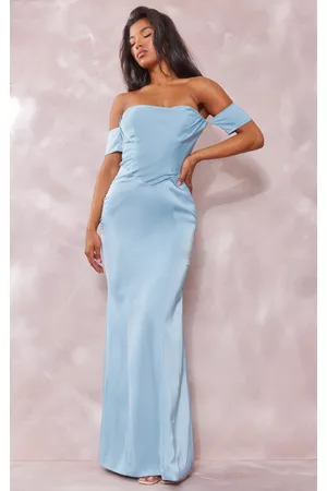PRETTYLITTLETHING Women Graduation Dresses - Dusty Blue Corset Bardot Cut Out Back Maxi Dress