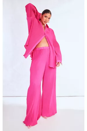 PRETTYLITTLETHING Women Wide Leg Pants - Plus Hot Pink Plisse High Waisted Wide Leg Pants