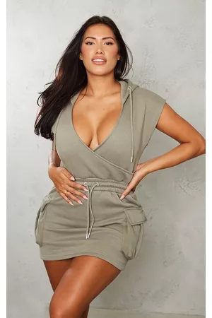 PRETTYLITTLETHING Women Sleeveless Dresses - Shape Sage Khaki Plunge Wrap Utility Pocket Sleeveless Sweatshirt Dress