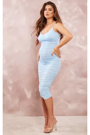 PRETTYLITTLETHING Women Ruched Midi Dresses - Maternity Baby Blue Plunge Ruched Contour Jersey Midi Dress