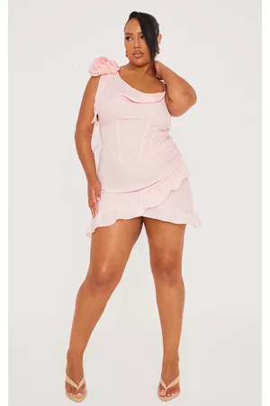 PRETTYLITTLETHING Women Bodycon Dresses - Plus Baby Pink Flower Detail Ruffle Hem Bodycon Dress