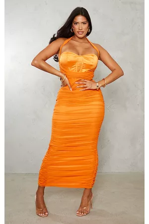 PRETTYLITTLETHING Women Graduation Dresses - Shape Orange Mesh Corset Detail Ruched Maxi Dress