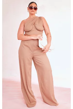 PRETTYLITTLETHING Women Wide Leg Pants - Plus Mocha Ruched Bum Wide Leg Pants