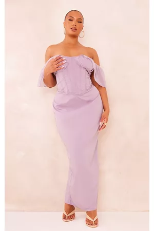 PRETTYLITTLETHING Women Graduation Dresses - Plus Lilac Drape Sleeve Corset Midaxi Dress