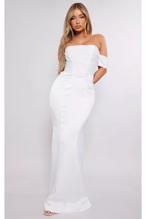 PRETTYLITTLETHING Women Graduation Dresses - White Corset Bardot Cut Out Back Maxi Dress