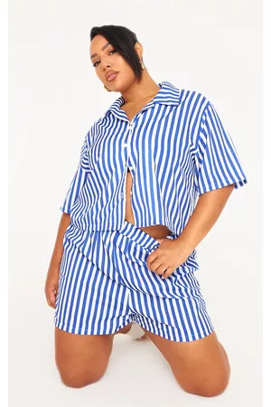 PRETTYLITTLETHING Women Short sleeved Shirts - Plus Blue Stripe Short Sleeve Shirt