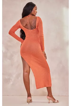 PRETTYLITTLETHING Women Graduation Dresses - Tall Orange Knitted Scoop Back Maxi Dress