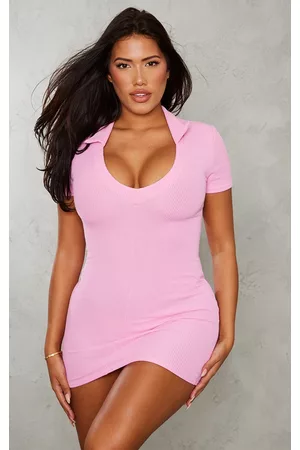 PRETTYLITTLETHING Women Bodycon Dresses - Shape Candy Pink Crinkle Rib Collar Short Sleeve Bodycon Dress