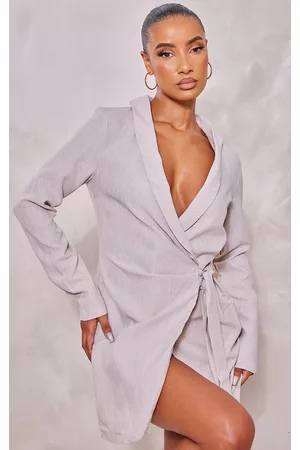 PRETTYLITTLETHING Women Blazer Dresses - Stone Textured Linen Look Wrap Tie Waist Blazer Dress