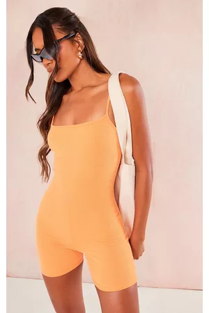 PRETTYLITTLETHING Women Playsuits & Rompers - Orange Crinkle Rib Square Neck Strappy Unitard