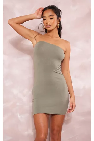 PRETTYLITTLETHING Women Bodycon Dresses - Petite Khaki Jersey Bandeau Bodycon Dress