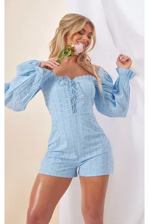 PRETTYLITTLETHING Women T-Shirts - Light Blue Broderie Anglaise Lace Up Detail Puff Sleeve Romper