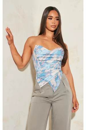 PRETTYLITTLETHING Women Corsets - Light Blue Printed Woven Asymmetric Pointed Hem Corset