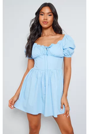 PRETTYLITTLETHING Women Puff Sleeve & Puff Shoulder Dresses - Light Blue Ruffle Frill Puff Sleeve Corset Shift Dress