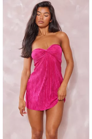 PRETTYLITTLETHING Women Bodycon Dresses - Hot Pink Plisse Knot Detail Bandeau Bodycon Dress