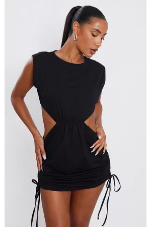 PRETTYLITTLETHING Women Ruched Dresses - Black Cotton Cut Out Ruched T Shirt Dress