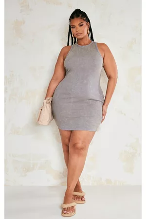 PRETTYLITTLETHING Women Bodycon Dresses - Plus Grey Washed Racer Neck Rib Bodycon Dress
