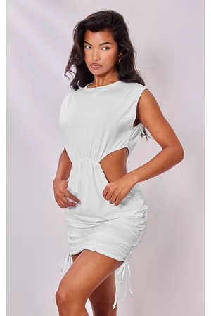 PRETTYLITTLETHING Women Ruched Dresses - White Cotton Cut Out Ruched T Shirt Dress