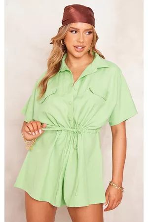 PRETTYLITTLETHING Women Shirts - Green Linen Look Tie Waist Shirt Style Romper