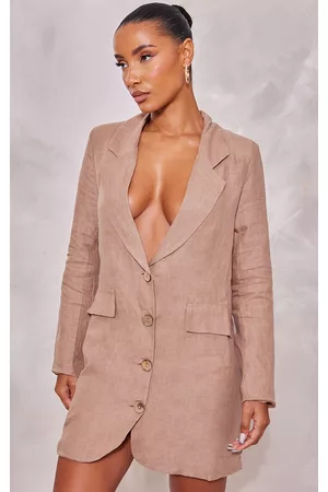 PRETTYLITTLETHING Women Blazer Dresses - Beige Linen Look Pocket Detail Blazer Dress