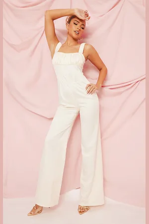 White Woven V Bar Ruched Detail Strappy Jumpsuit