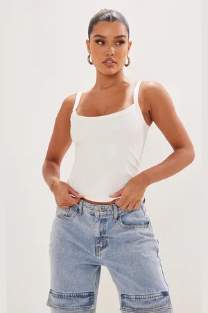 PRETTYLITTLETHING Women's Basic White One Shoulder Jersey Crop Top - Size 6