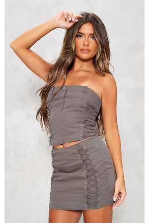PrettyLittleThing Shape Lace Up Back Woven Corset - Grey • Price »