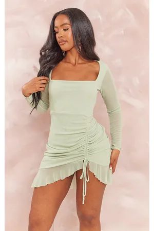 PLT Pretty Little Thing SHAPE SAGE GREEN SHEER MESH BODYCON DRESS