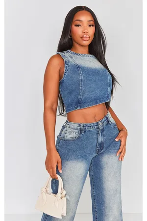 PRETTYLITTLETHING Shape Denim Washed Asymmetric Crop Top
