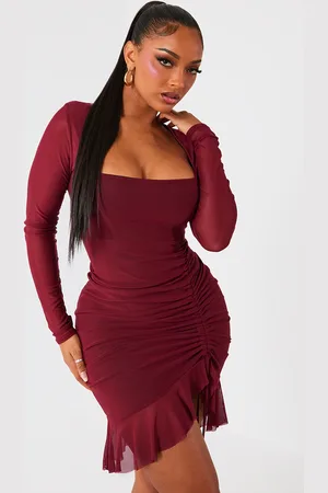 ASOS DESIGN Maternity mesh long sleeve ruched midi dress in red