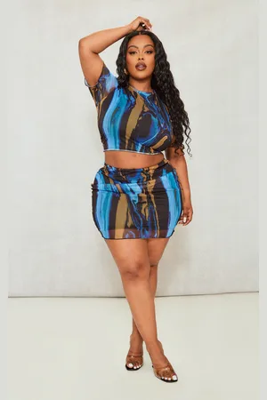 PRETTYLITTLETHING Plus Abstract Printed Lettuce Hem Mesh Bodycon Skirt