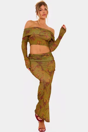 PRETTYLITTLETHING Floral Printed Sheer Burnout Mesh Fold Over Hem Low Rise Maxi Skirt