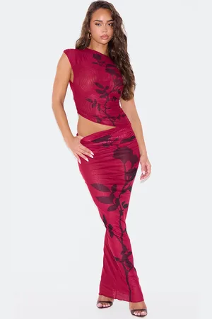 PRETTYLITTLETHING Burgundy Flower Printed Mesh Ruched Low Rise Maxi Skirt