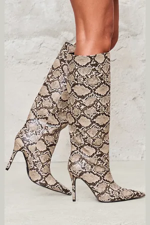 PRETTYLITTLETHING Snake PU Point Toe Stiletto Knee High Heeled Boots