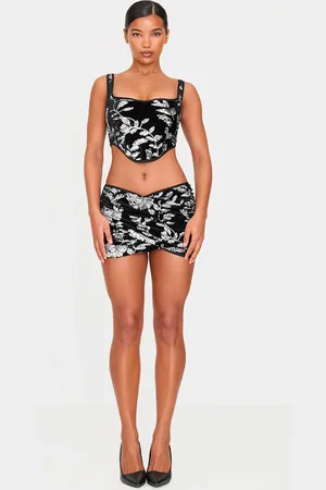 PRETTYLITTLETHING Velvet Floral Sequin Embellished Ruched Micro Mini Skirt