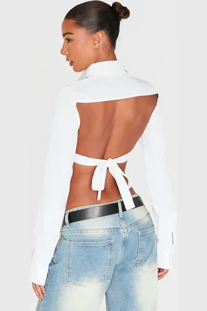 PRETTYLITTLETHING Premium Woven Tie Backless Cropped Shirt